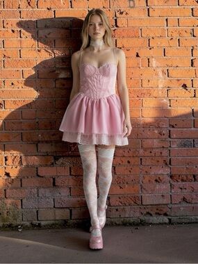 DOLLS KILL Sugar Thrillz Pink CERTAIN FLAIR TUTU DRESS Pink Lace Corset L Mini